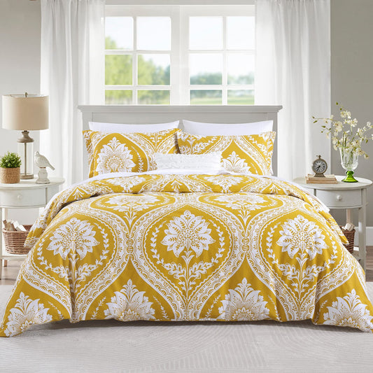 CozyDH Cotton Duvet Cover King Size - 100% Cotton 400 Thread Count Washed Duvet Cover Set with Yellow Floral Damask Paisley Pattern, 3 Piece Soft Bedding Set (King, 104" x 90", No Comforter)