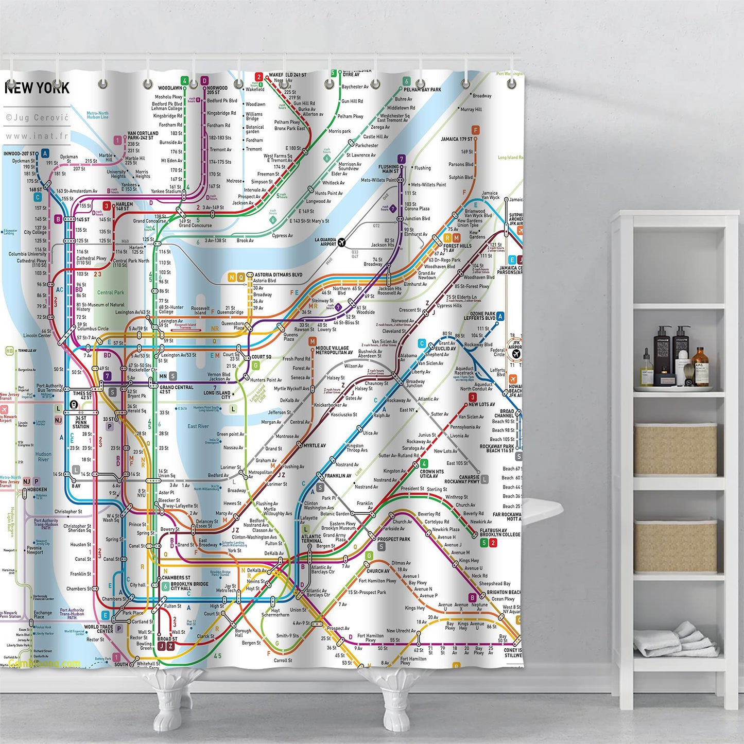 SPXUBZ New York Subway Map Shower Curtain White Subway Map Shower Curtains for Bathroom Waterproof Polyester Fabric Shower Curtain Sets with Hooks 72x72 Inch
