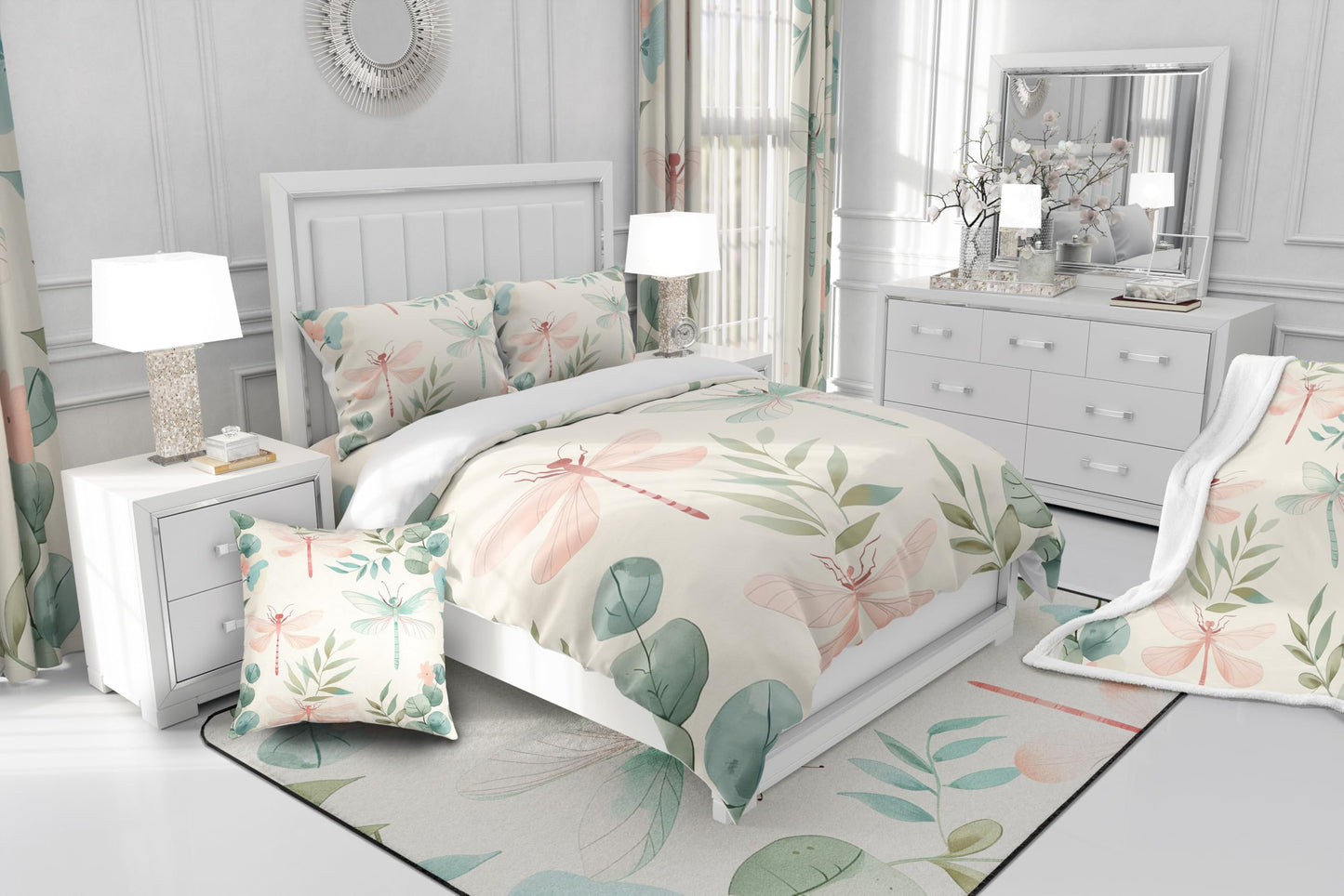Erosebridal Dragonfly Bed Set,Minimalist Style Bedspread Cover,Green Branches Leaf Duvet Cover,Rustic Natural Garden Comforter Cover for Girls Women Lady Twin Size