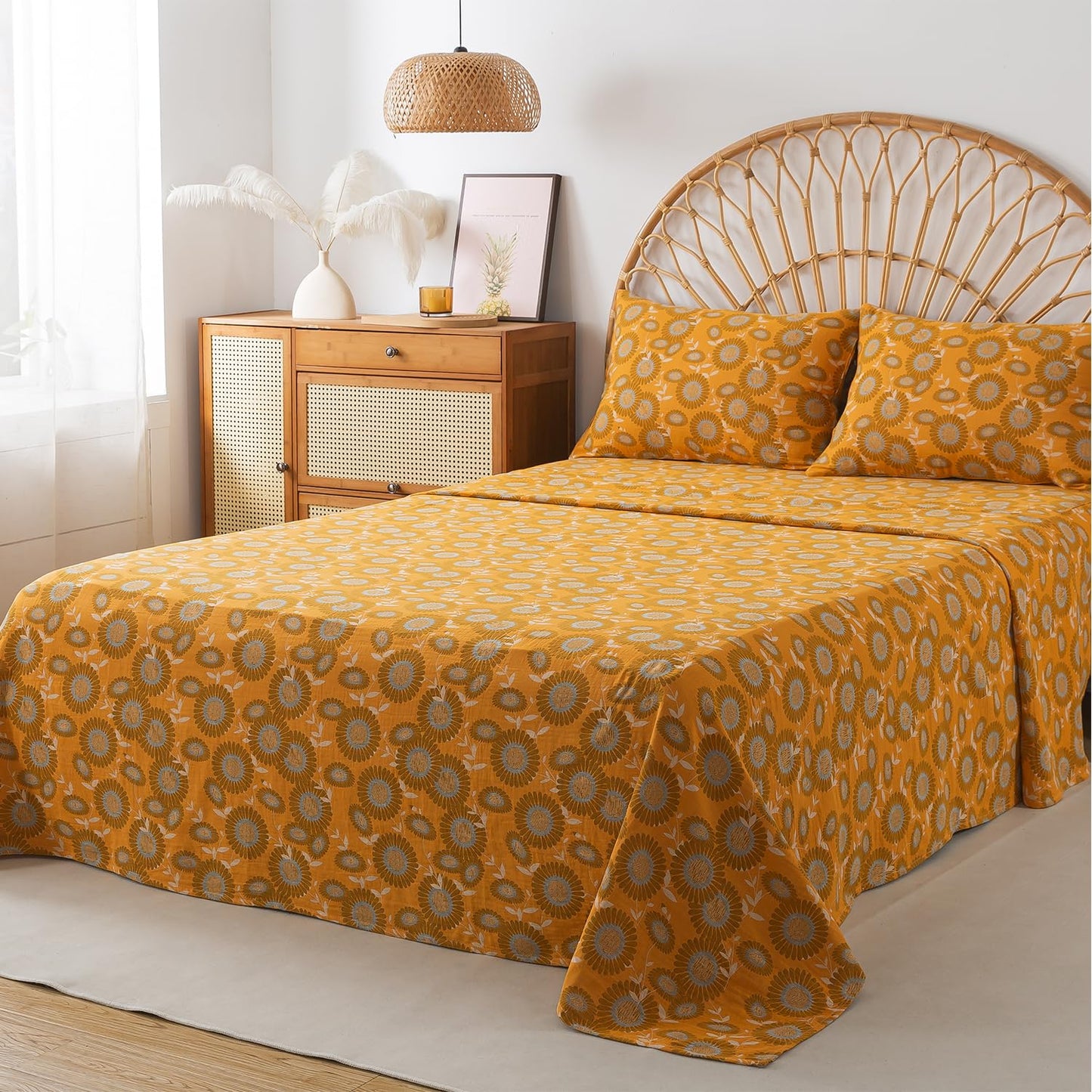 FADFAY Double Gauze 100% Cotton King Sheets Set Floral Bed Sheets Deep Pocket Fitted Sheet, Luxury Sunflower Pattern Shabby Vintage Countryside Style Bedding 4Pcs
