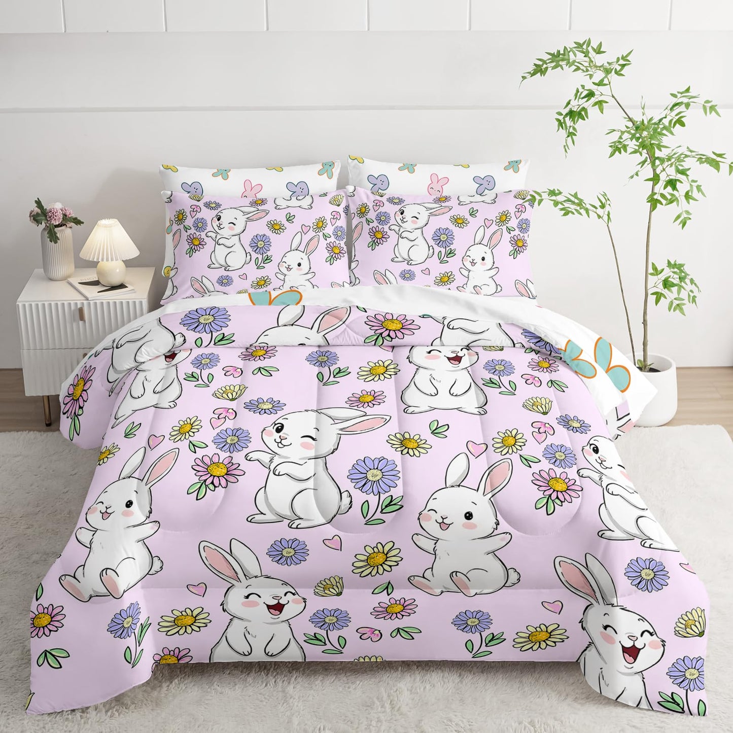 AILONEN Floral Rabbit Comforter Set Twin Size,7-Piece Soft Bed in a Bag, Cute Bunny Kawaii Comforter & Fitted Sheet & Flat Sheet & 2 Pillowcases,2 Pillow Shams