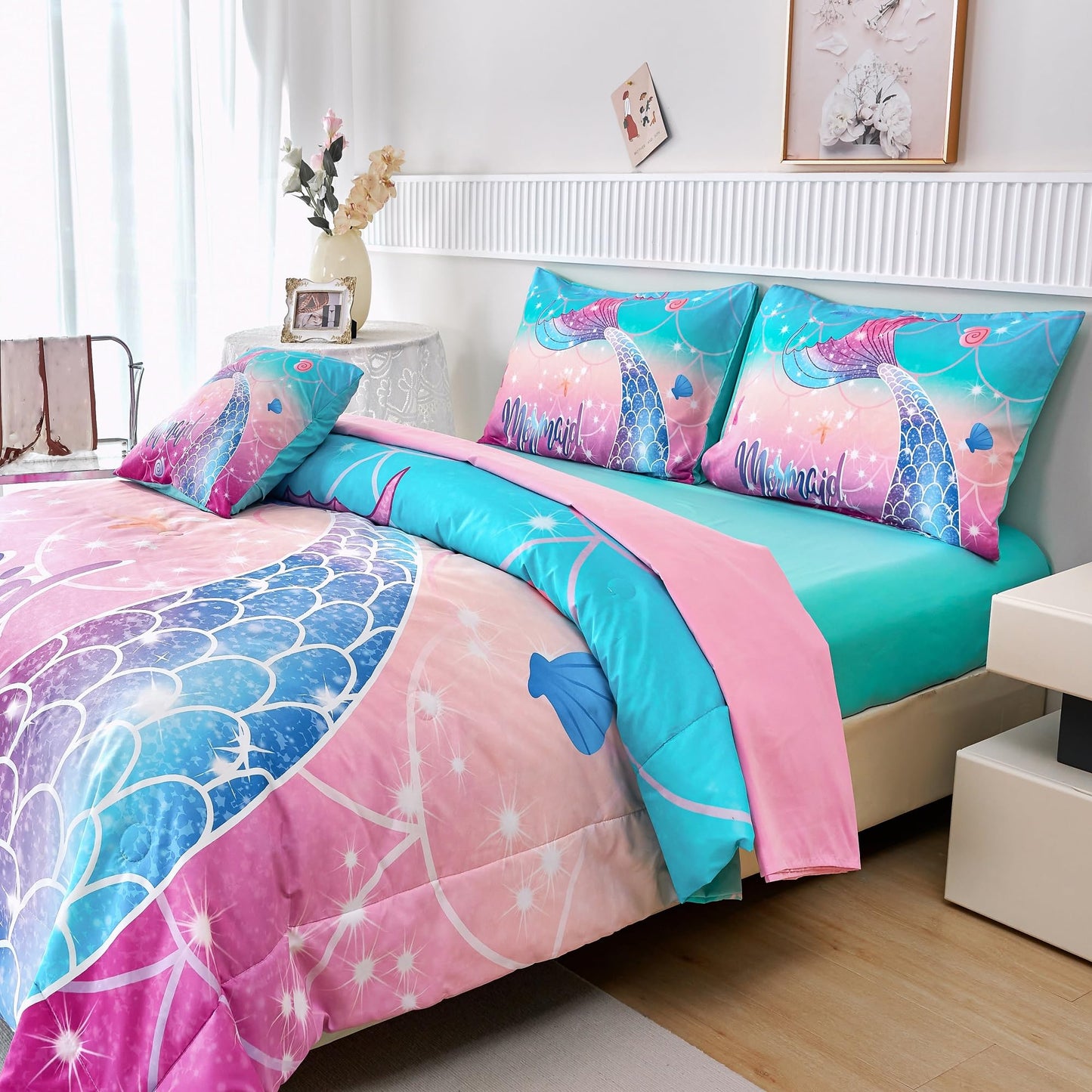 RYNGHIPY Kids Girls Comforter Set 6Pcs, Mermaid Bed in a Bag Twin Size, Fish Tail Print Teens Girls Bedding Set, Rainbow Bedding Collections