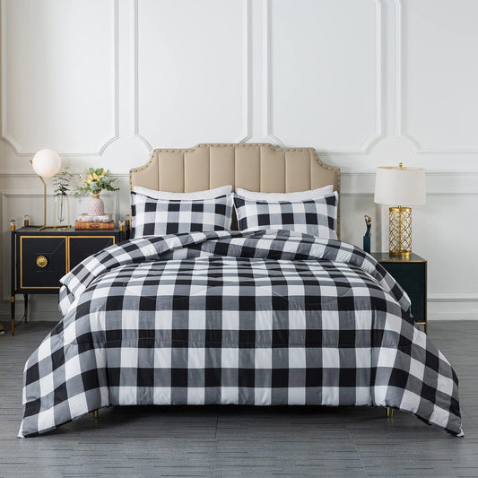 Caressma Buffalo Plaid Comforter Set Queen, Black White Buffalo Plaid Comforter Bedding Set for All Seasons, Classic Gingham Pattern Print Soft Microfiber 3 Pieces Comforter with Pillowcases