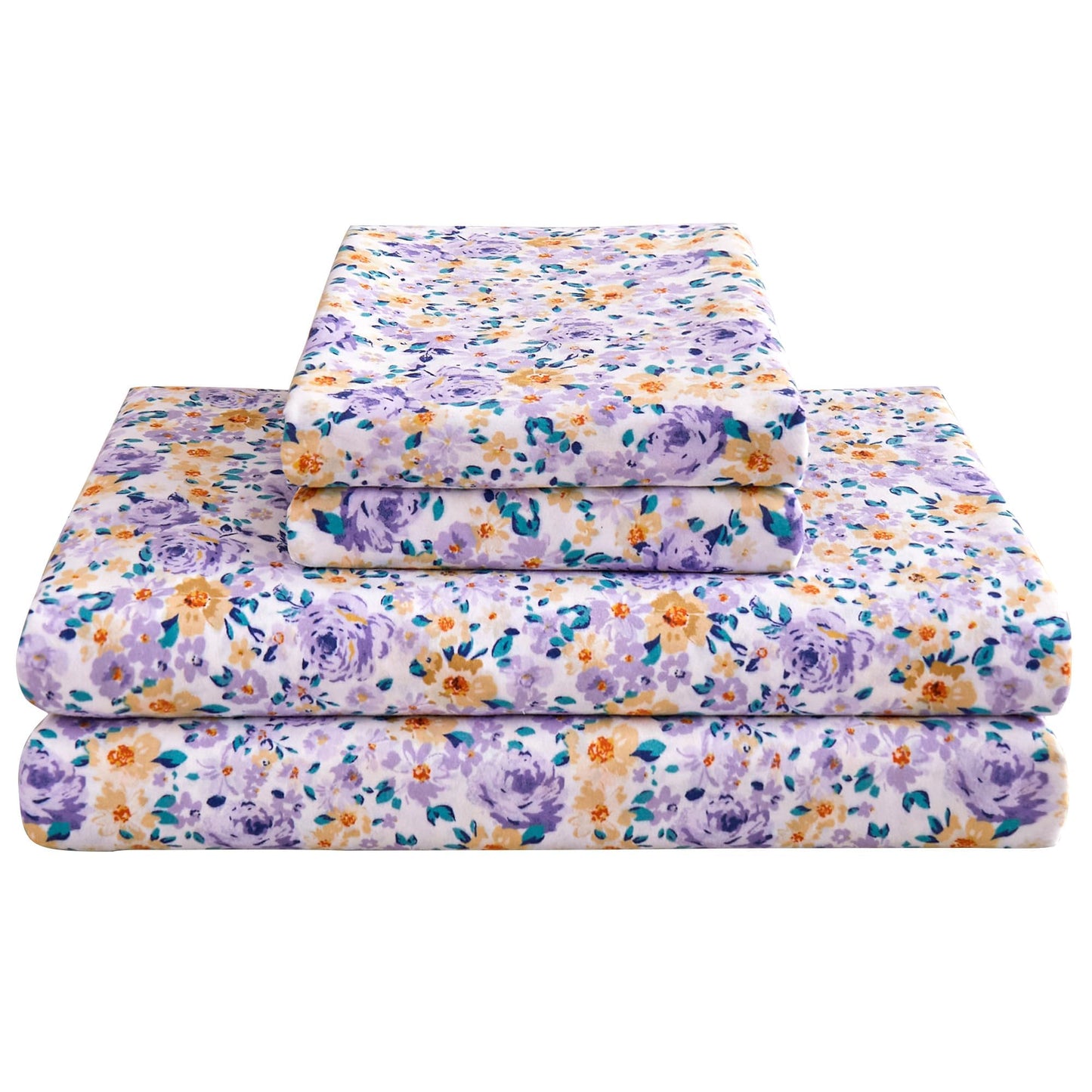 Mooreeke Floral Twin 3 Pieces Bed Sheets, Soft Microfiber Bedding Sheets & Pillowcases, Deep Pocket Non-Slip Vintage Twin Sheet, Purple Yellow Flower Pattern Bedsheets