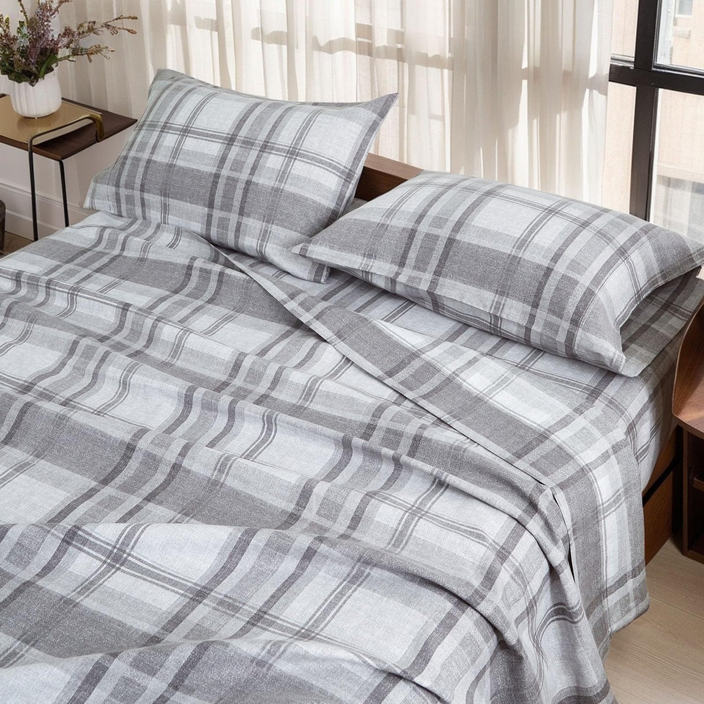King Sheets Set 4PC - Soft Cooling 1800 Thread Count Microfiber Printed Sheet, 8 - 17" Deep Pocket Breathes Better, Hypoallergenic, Wrinkle Free, Machine Washable Grey Plaid Patterned Double Bedding