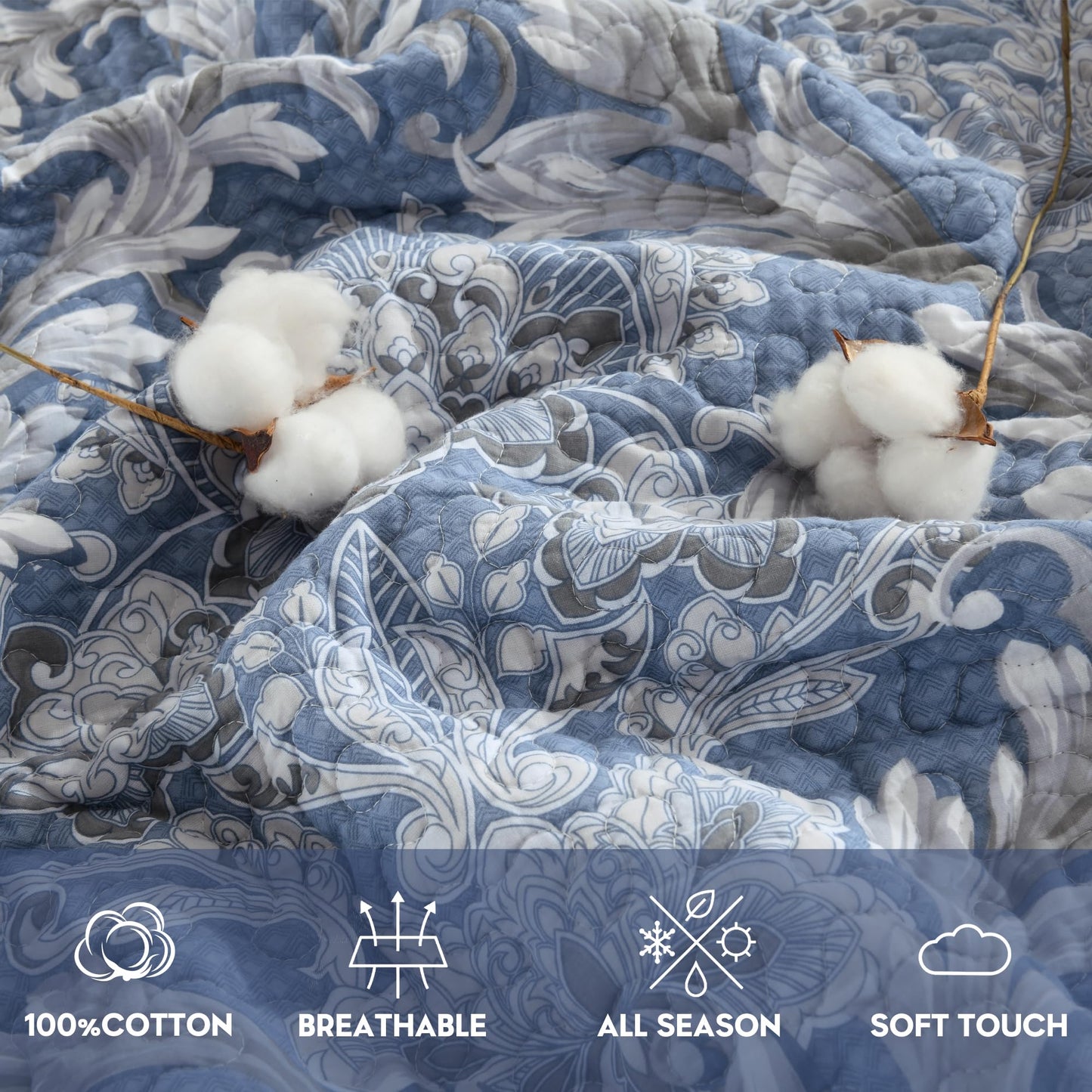 BCOTTOND King Size Quilt Set - Dusty Blue and Gray Quilt Set King, 100% Cotton Floral Bedspread Set 3 Piece, Classic Damask Bedspread, Reversible Lightweight Quilt Bedding Set