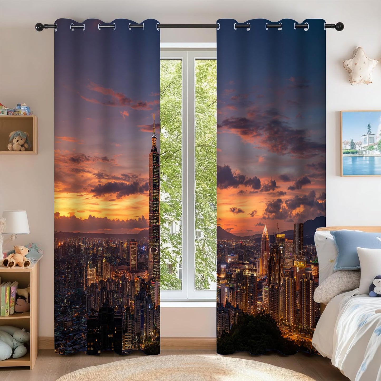 City Darkening Window Curtains, Modern City 3D Print Blackout Curtains 2 Panel Set 84" W x 54" L, Protect Privacy Opaque Drapes with Grommet for Homes Dormitories Hotels Decor