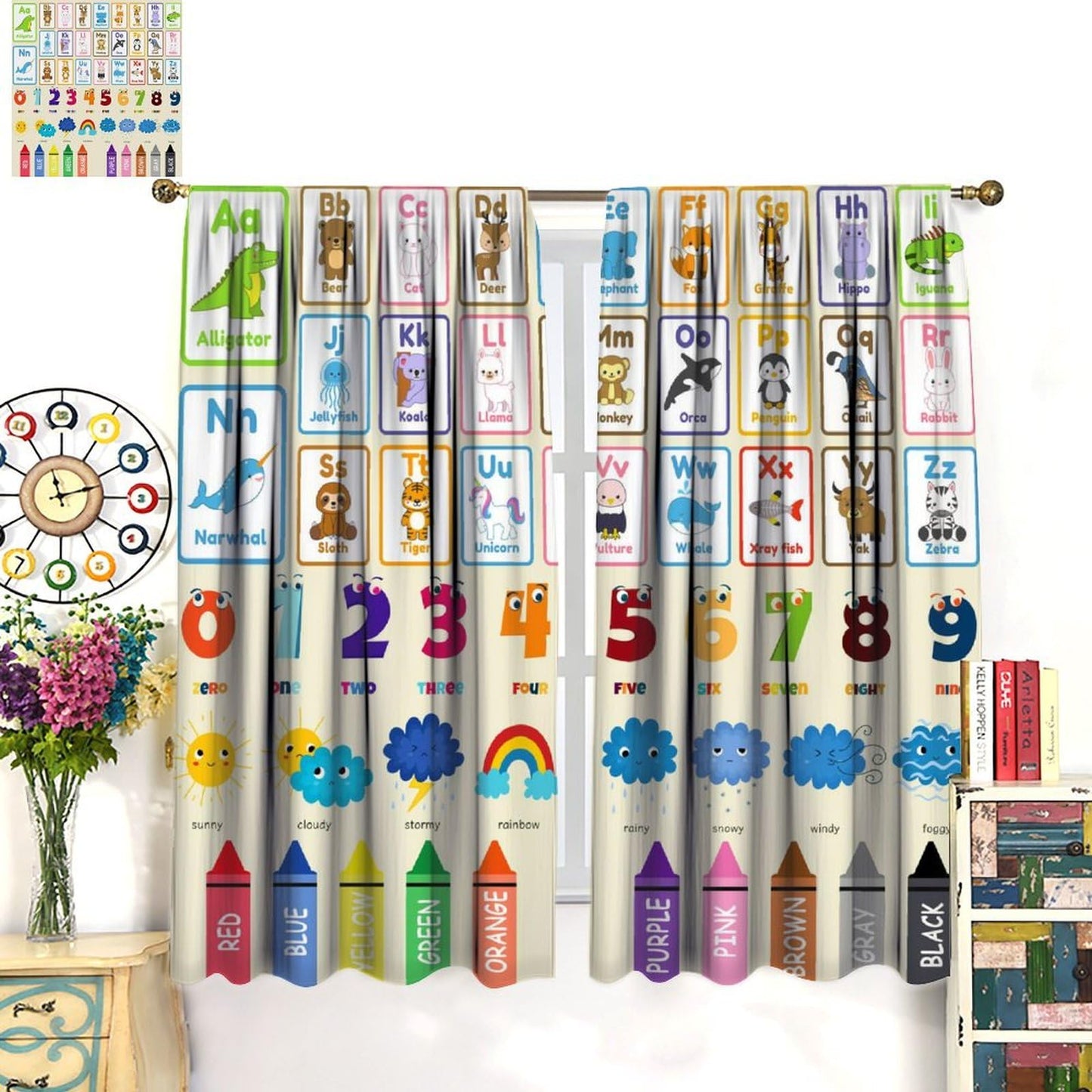 AAVEUP Alphabet Education Curtains, Cartoon Animal Alphanumeric ABC Color Learning Pencils Windows Treatments Drapes for Kids Baby Nursery Children Toddler Bedroom 42x45in（No Blackout）