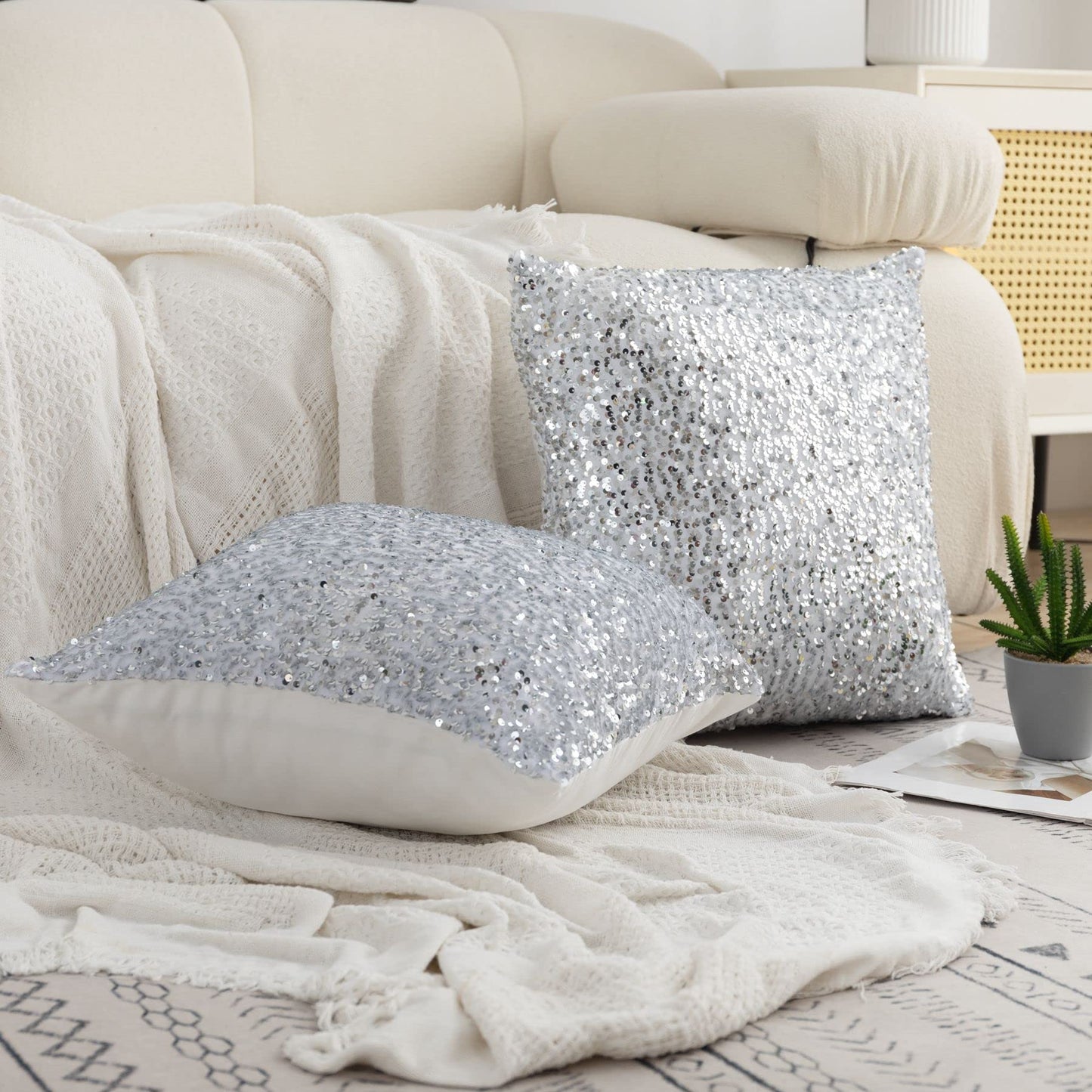 LIGICKY Set of 2 Silver White Glitzy Sequin Throw Pillow Covers Sparkling Decorative Gilter Metallic Square Cushion Cover Glam Pillow Cases for Sofa Couch Bedroom Home Party Decor (18 x 18 Inches)