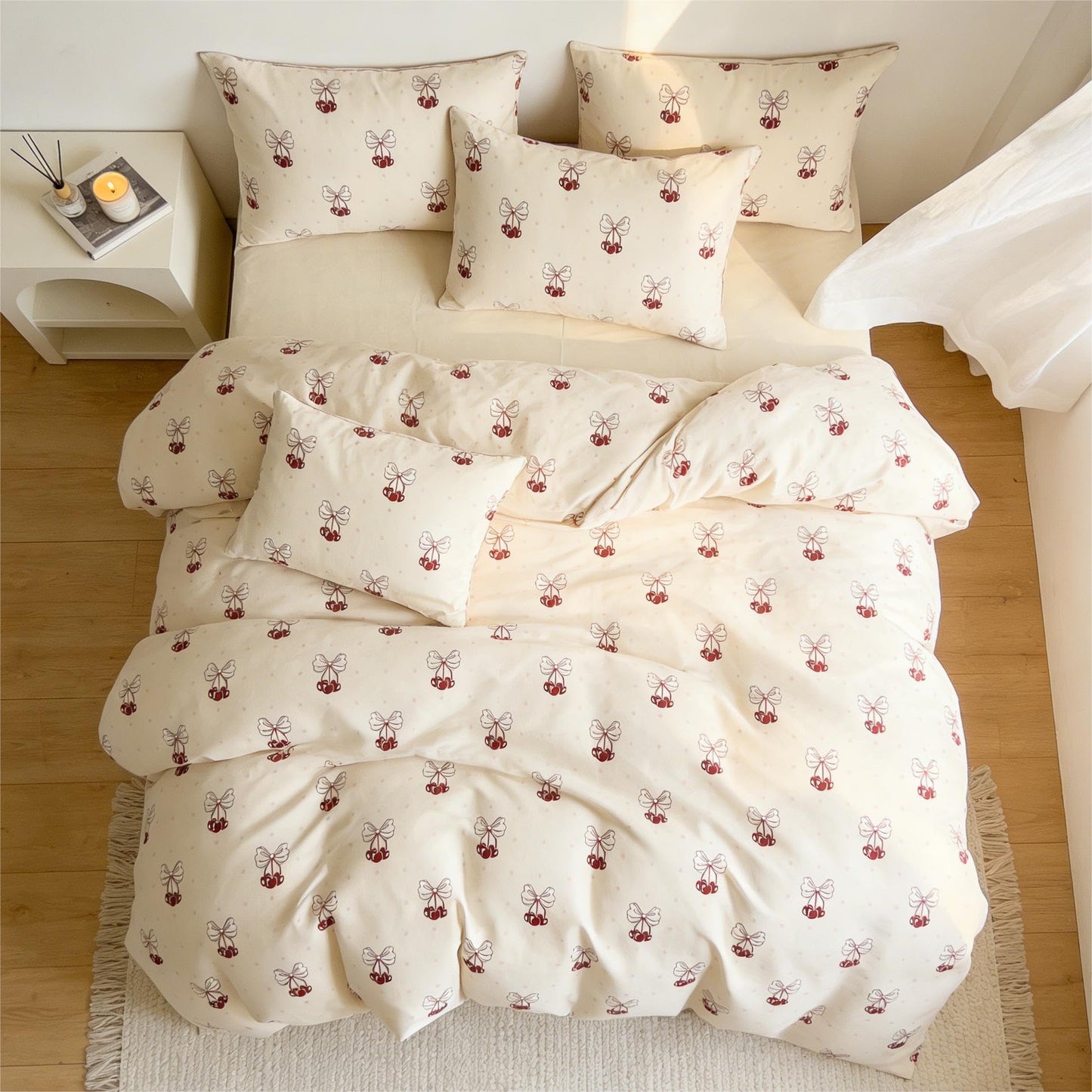 Sedefen Red Cherry Duvet Cover Queen Size Bow Duvet Cover Set Kids Boys Girls Cute Cartoon Bowknot Love Pattern Reversible Soft Breathable Bedding Set 3 Pieces with 2 Pillowcases