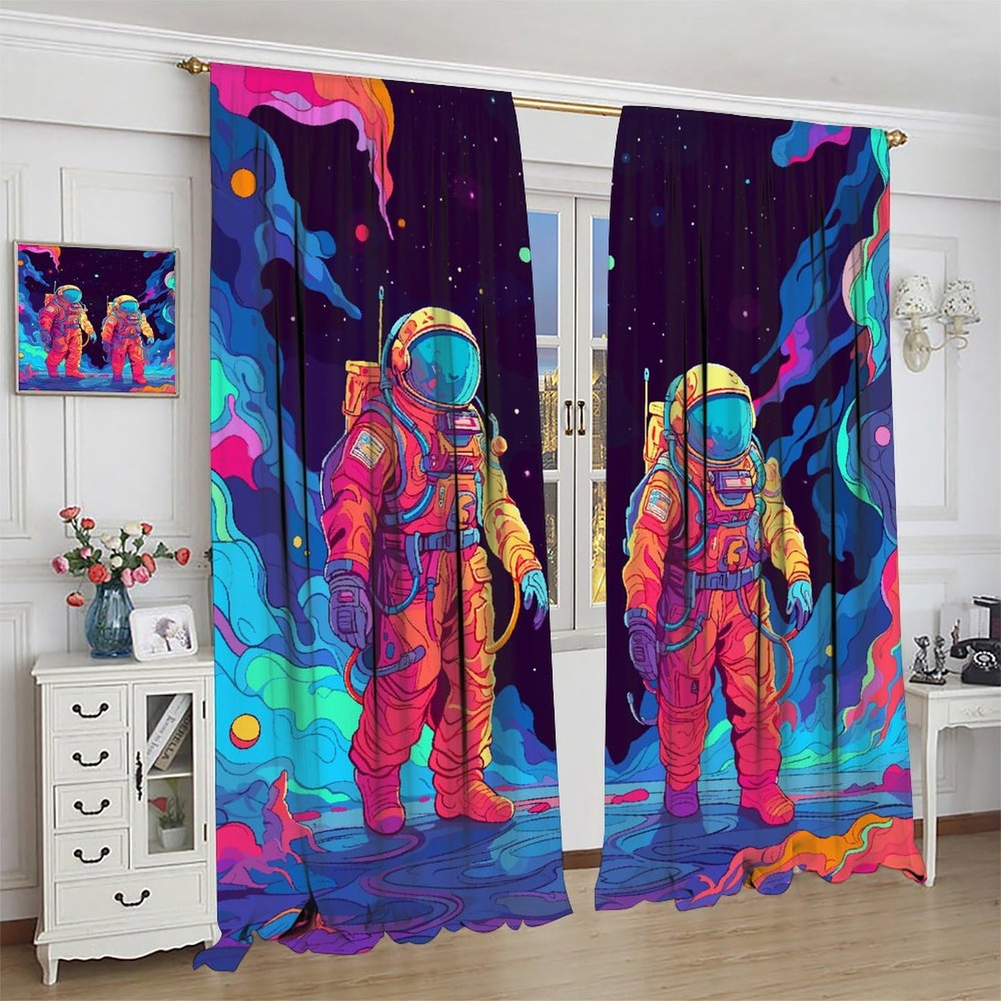 Astronaut Curtains, Cartoon Abstract Cool Colorful Funny Outer Space Cosmic Spaceman Blackout Window Treatments, Thermally Insulated Rod Pocket Drapes For Boys Teen Men Bedroom Living Room 63x72in