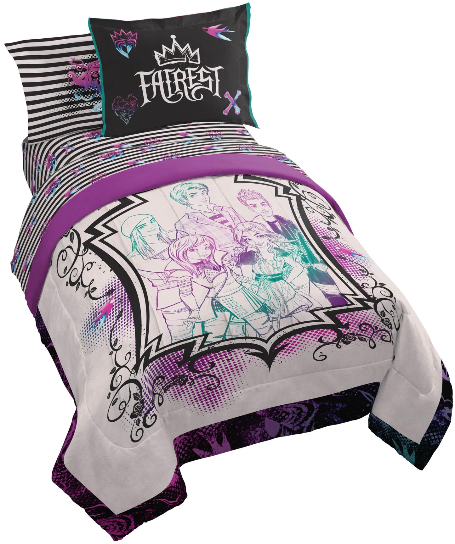 Jay Franco Kids Comforter Set Includes Sheets and Pillow Cover - Soft and Cozy Bed Set for Stylish Room Décor, Multi - Descendants, 5 Piece Twin