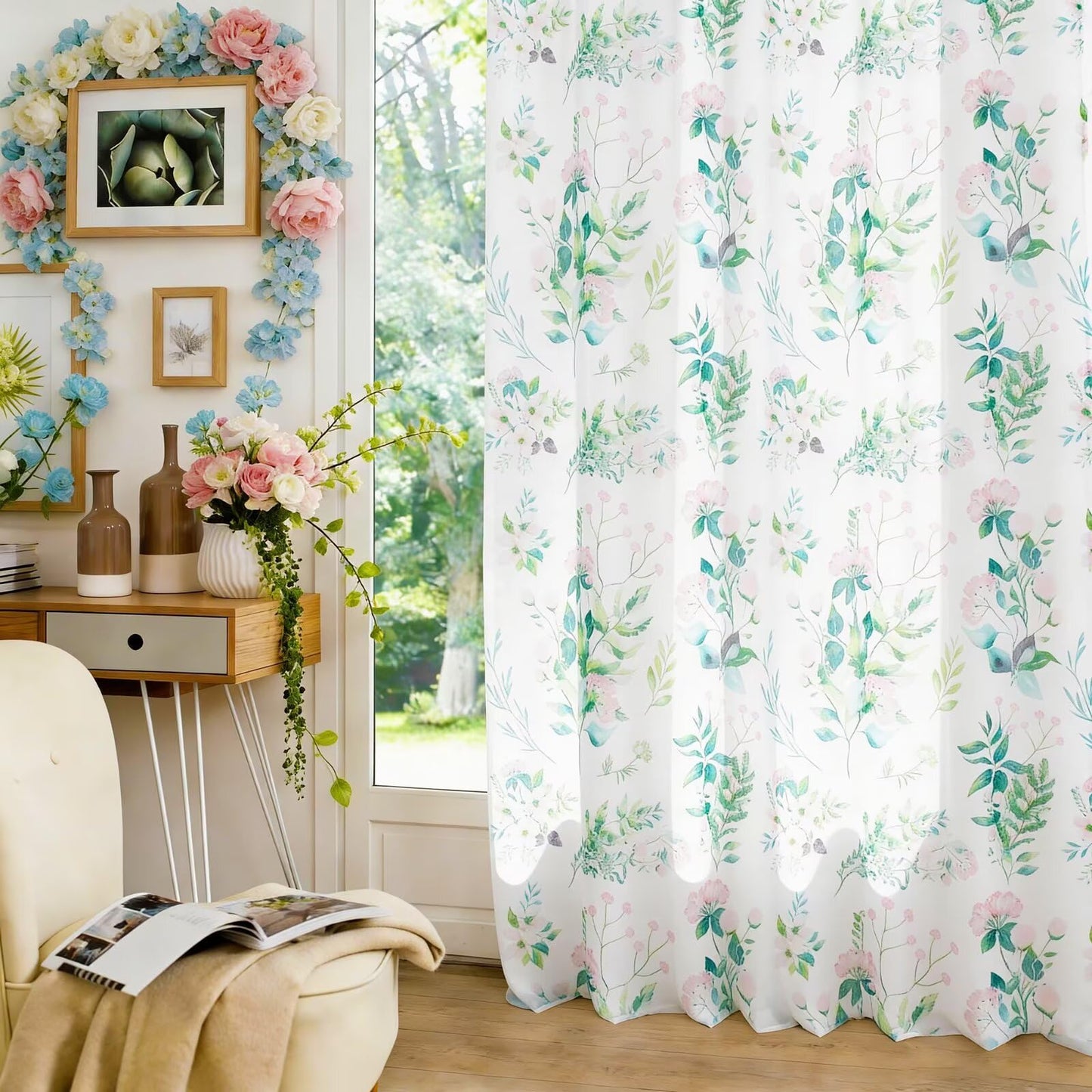youleyar Floral Sheer Curtains for Living Room 84 Inches Long 2 Panels White Semi-Sheer Curtain with Pink Floral Printed Pattern Summer/Spring Rod Pocket Voile Drapes for Bedroom, 52" W x 84" L