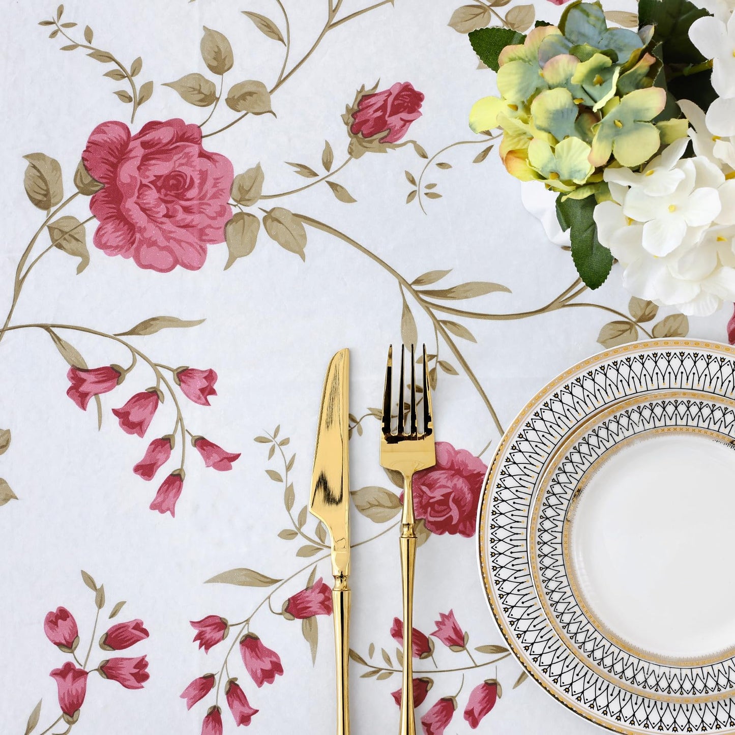 misaya Round Fitted Tablecloth with Elastic Edge, 100% Waterproof Oil Proof Plastic Table Cover, Vinyl Flannel Backed Tablecloth Fits 36"-44" Round Tables for Dinner, Outdoor, Picnic, Pink Flowers