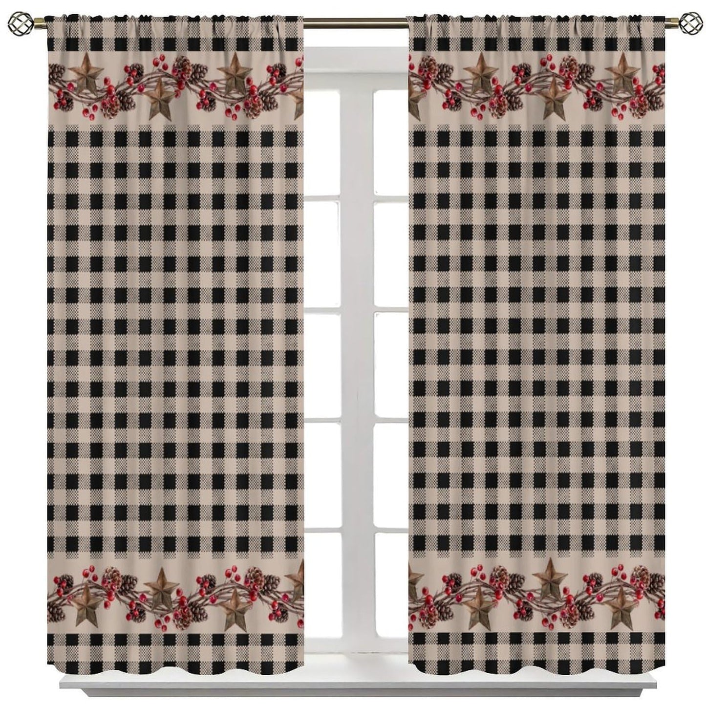 Nanacur Rustic Farmhouse Curtains, Vintage Country Black White Buffalo Plaid Pine Cone Berry Western Texas Print Window Treatments for Kitchen Bedroom Cafe, 42" W X 45" L