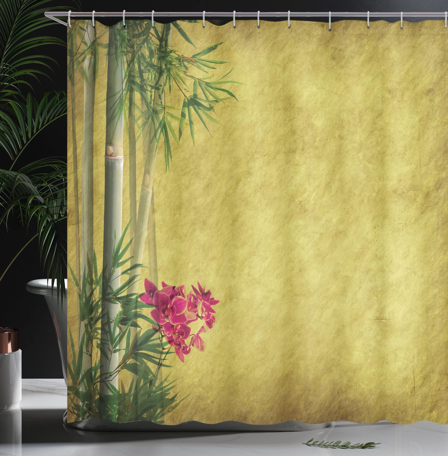 Ambesonne Asian Themed Shower Curtain, Wild Orchides Woodland Leaves on Old Antique Paper Floral Style Art, Cloth Fabric Bathroom Decor Set with Hooks, 69" W x 70" L, Yellow Green and Pink
