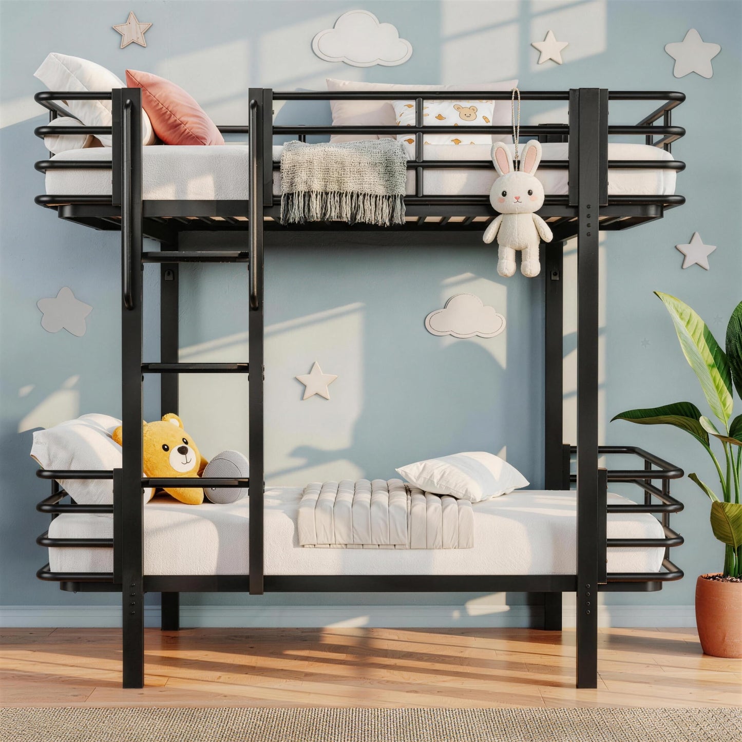 Einhomn Curved Metal Bunk Bed Twin Over Twin, Heavy Duty Bunkbeds with Safety Guardrails, Ladder with Built-in Handrails & Wide Steps, Space-Saving Design for Kids, Teens & Adults