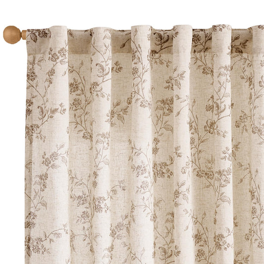 Lazzzy Taupe Floral Linen Curtains 84 Inch Farmhouse Curtain Back Tab Drapes for Living Room Bedroom Light Filtering Vintage Rod Pocket Curtains for Home, 2 Panels, Taupe on Beige