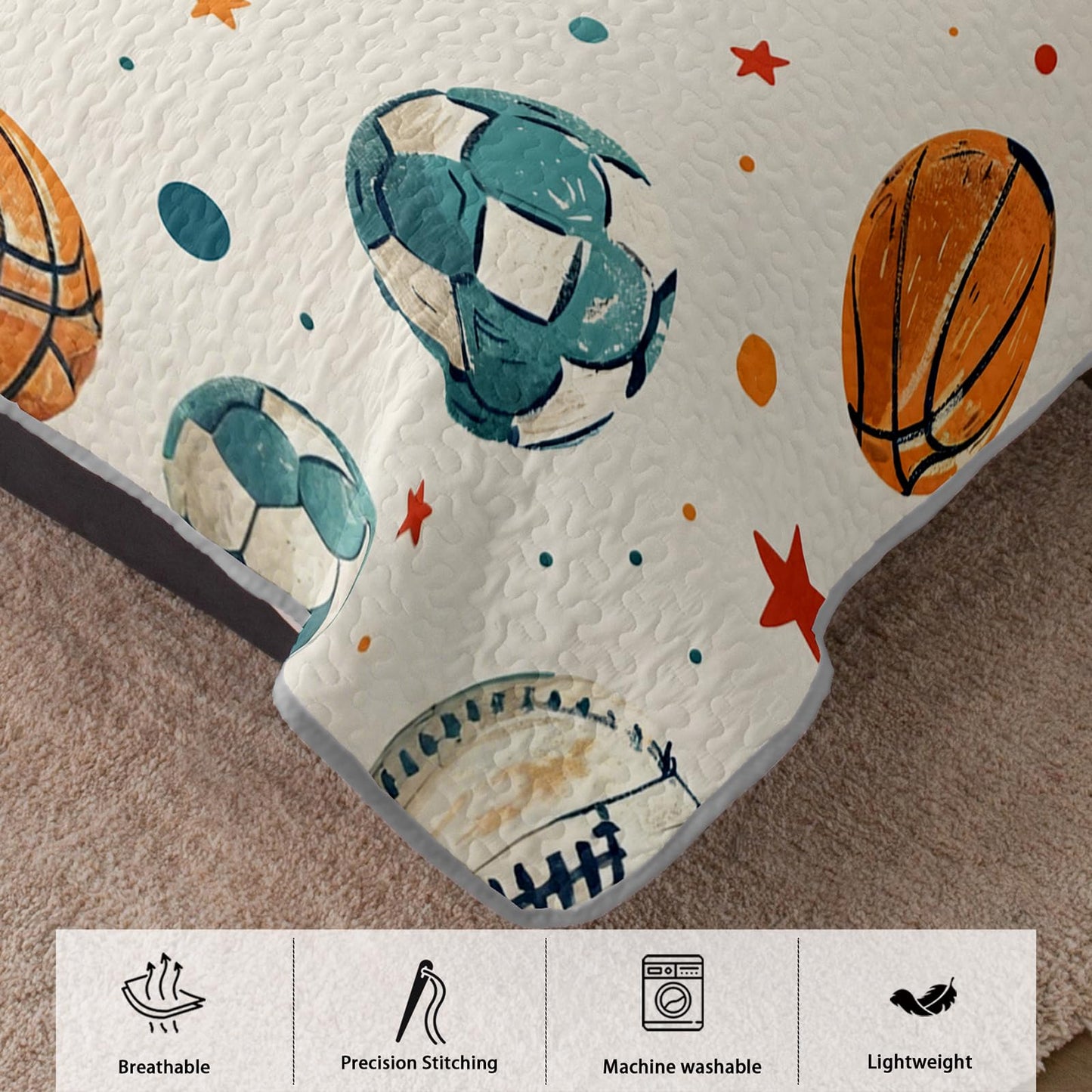 AILONEN Full Quilted Comforter 3-Piece Value Set, Sketchy Athletic Bedspread Coverlet with 2 Pillowcases, Breathable Football All-Star Bedding for Teens Boys Guest Apartment Indigo Stars