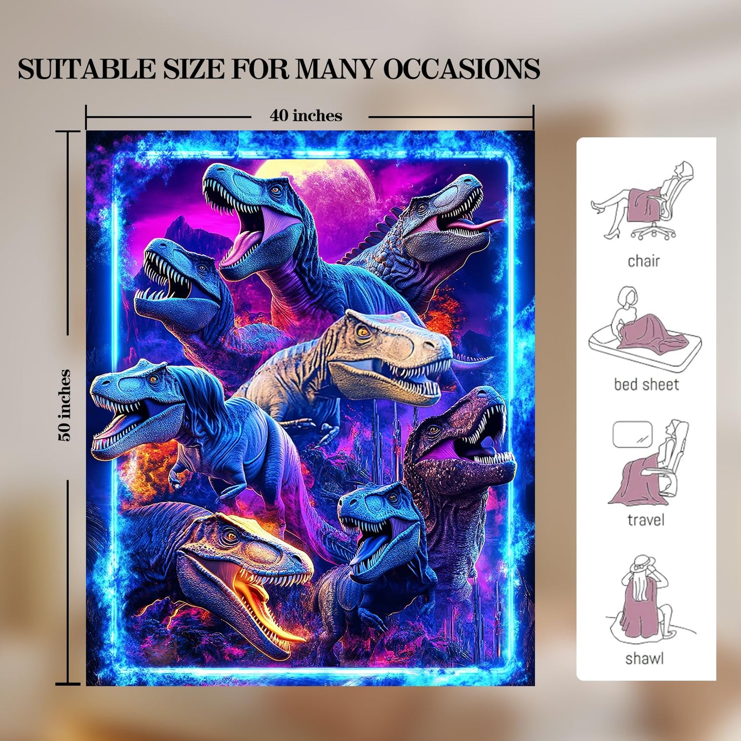 Cool Dinosaur Blanket Dinosaur Decor Cozy Animal Throw Super Soft Plush Flannel Fleece Blanket Gift for Kids Adults Men Women Ultra Warm & Lightweight Flannel, 50"X40"