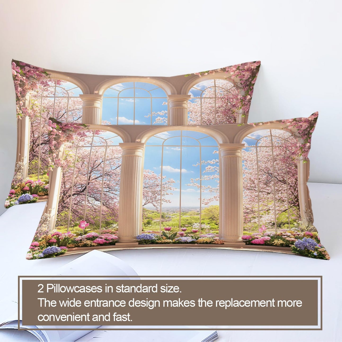 GKPLY Arched Garden Comforter Cover, Cherry Blossom Duvet Cover Set, Romantic Floral Bedding & Home Decor, Zipper & Ties, Elegant Palace Comforter Set & 2 Pillow Cases, California King