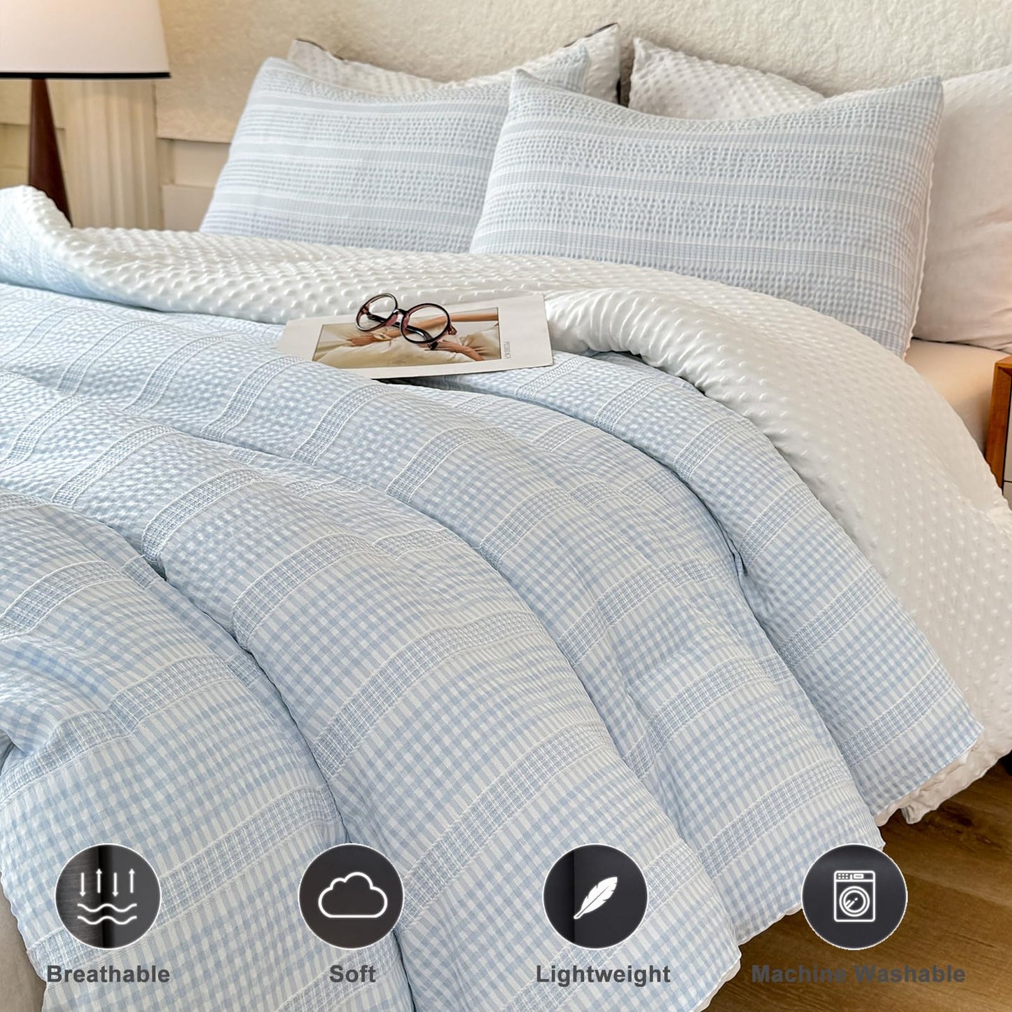 tohrisa Boho Comforter Set Twin Size - 2 Pieces Lightweight Jacquard Seersucker Bedding Sets (1 Soft Fluffy Grid Comforter & 1 Pillowcase) - All Seasons Cozy Modern Bed Set(68"x90" Sky Blue)