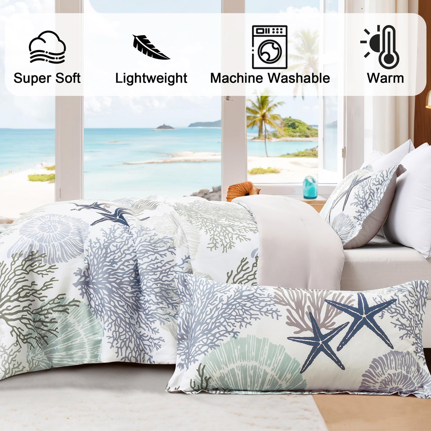 Tritard Coastal Comforter Set King Size 3 Piece, Soft Beach Themed Comforter, Ocean Nautical Lightweight Bedding Sets for All Seasons, (1 Reversible Comforter and 2 Pillow Shams), 104''x90'', C2