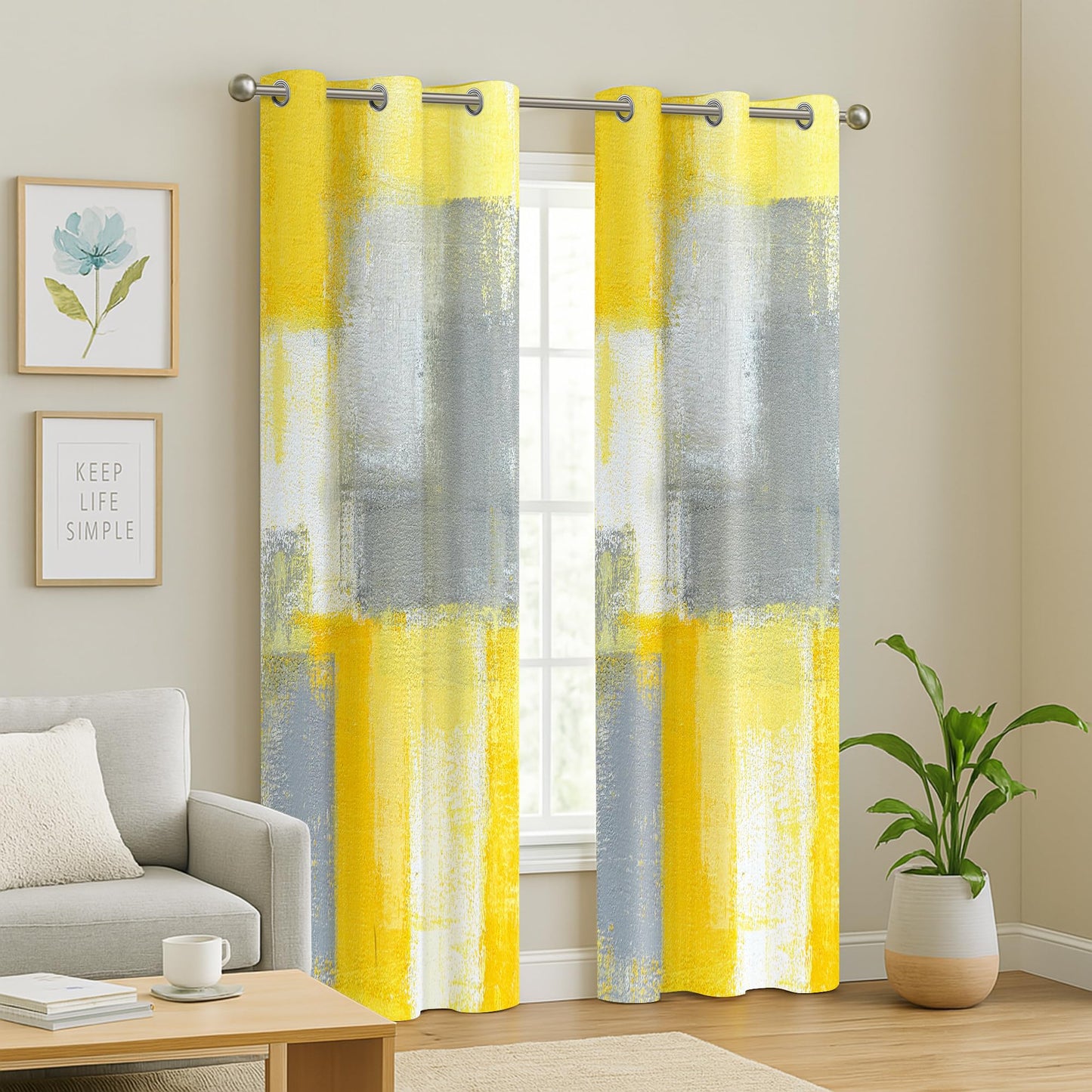 YUVVLFY Yellow Grey Abstract Geometric Curtains – 100% Blackout Grommet Drapes, Thermal Insulated Window Panels for Bedroom, Living Room, Kids Room, 42 x 45 Inch