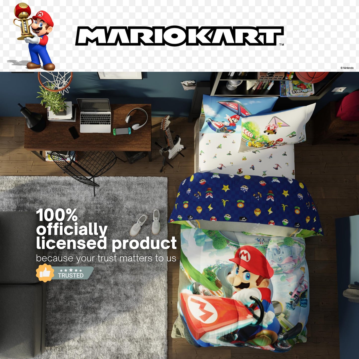 Super Mario Kart Game Kids Bedding Set, Twin Size, 4-Piece Super Soft Cozy Reversible Comforter & Sheet Set (Officially Licensed Product) by Franco