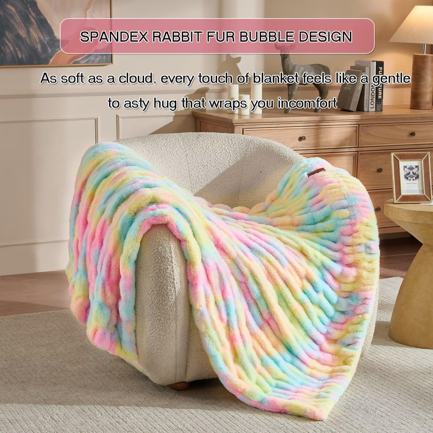 Double Side Faux Fur Throw Blanket,Cozy Soft Fuzzy Fluffy Faux Rabbit Fur Blanket for Couch, Bed, Sofa,Room Decor-Rainbow,50x60 inch