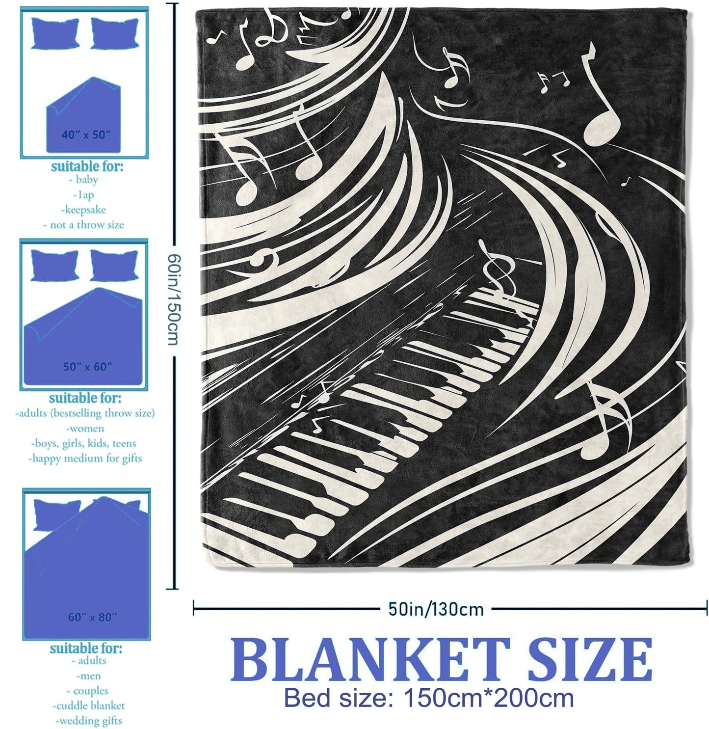 Plistiz Piano Music Blanket, Lightweight Soft Fleece Blankets Gifts for Women Girls Boys Adults, Throw for Living Room, Couch, Home, Sofa Decor, 50"x60"