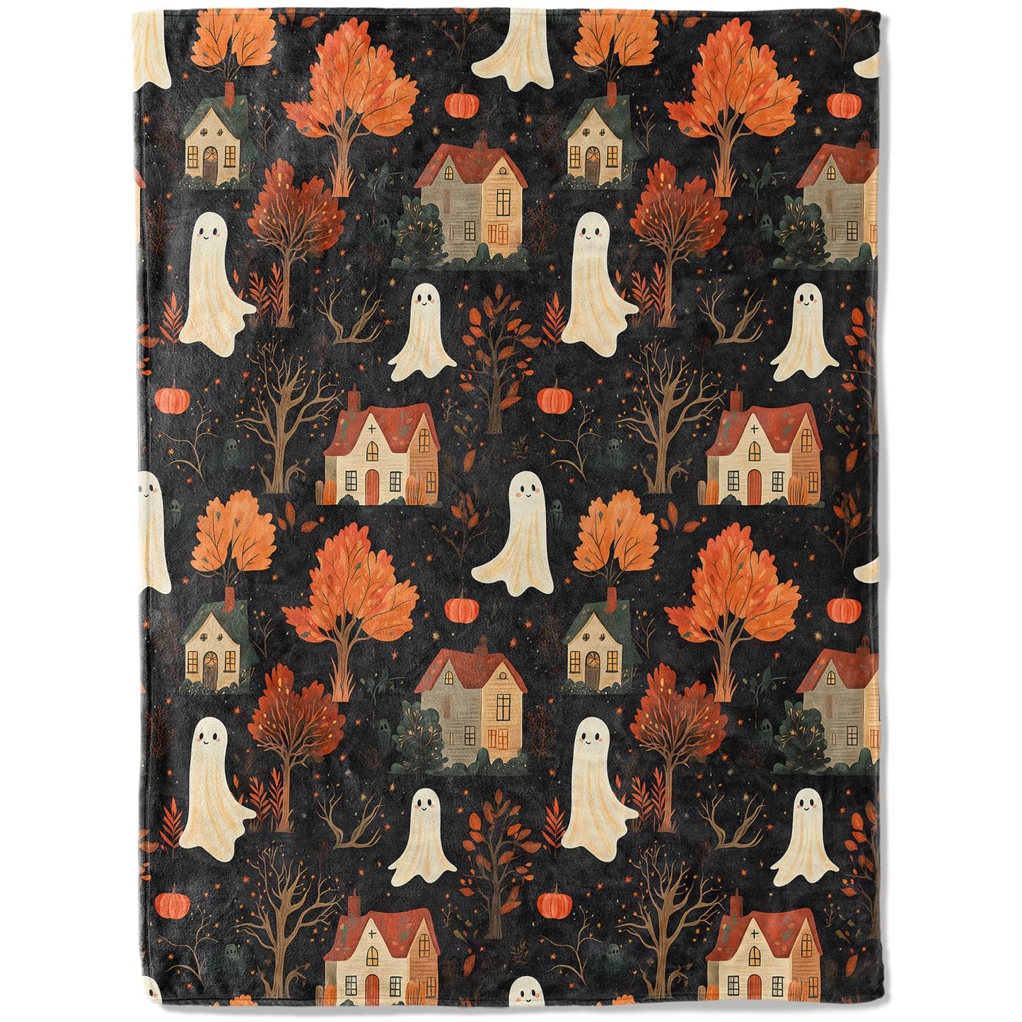 ainori Spooky Ghost Village Flannel Blanket - Cute with Autumn Trees, and Houses Throw - Soft Cozy Gifts Balnkets for Halloween Decor, Fall Lovers,Kids,Women,Festive Home Accents 50x60in