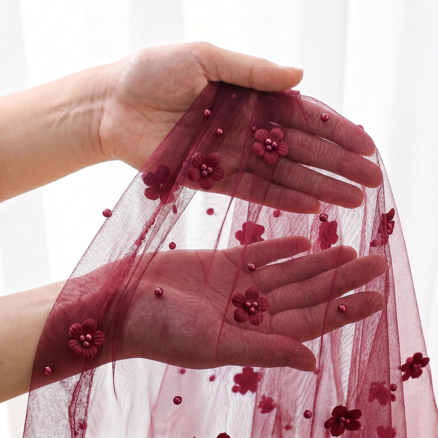 Horaldaily Burgundy Flower Pearl Burgundy Gauze Table Cloth 60×84 Inch Rectangular, Seasonal Sheer Tulle Cheesecloth, Bridal Shower Table Cover for Wedding Birthday Table Decor