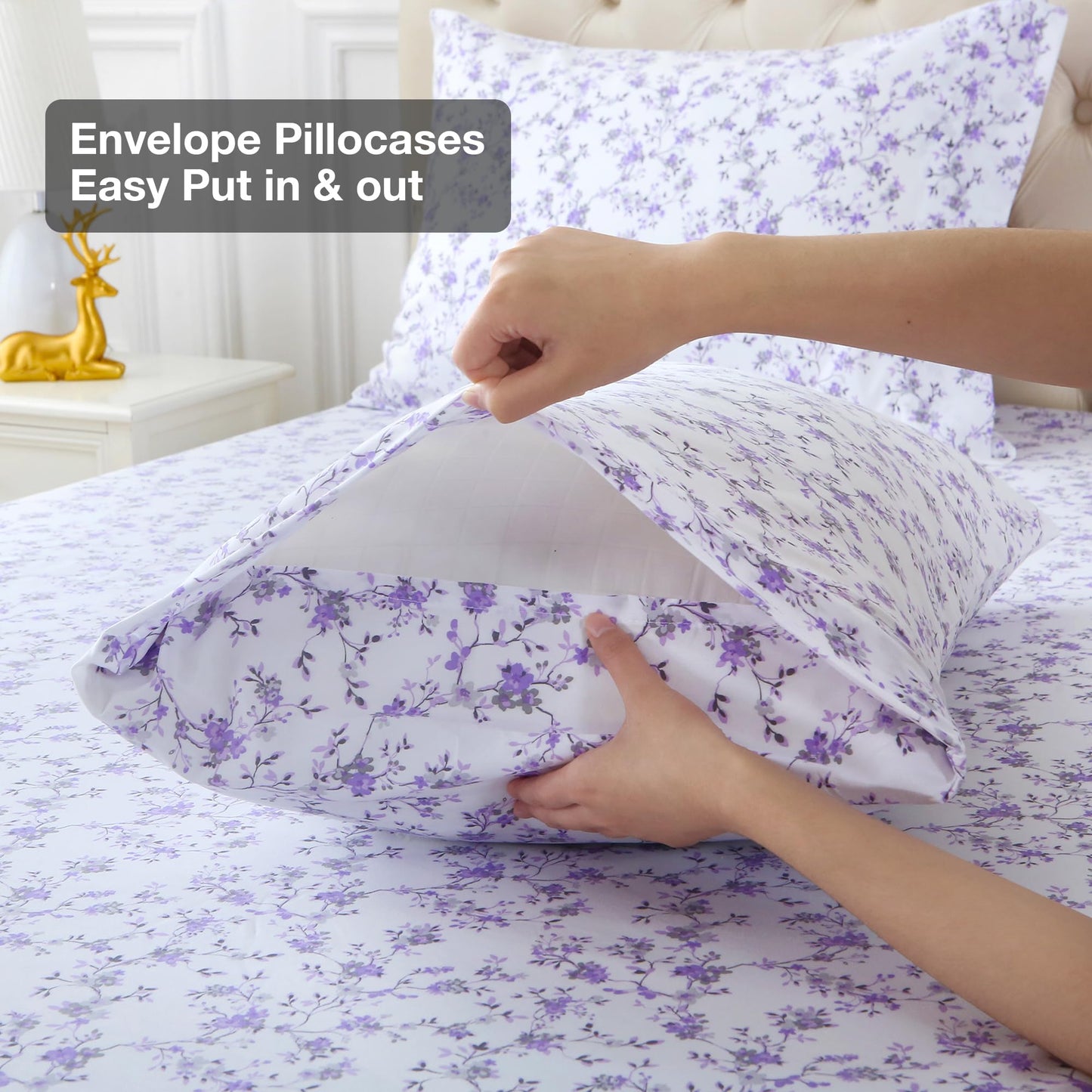Viviland Floral Queen Sheet Set - 4 Piece Purple Lavender Botanical Patterned Bed Sheets - Soft, Breathable Microfiber Sheets with Deep Pocket, Non-Slip Fitted Sheets & Pillowcases