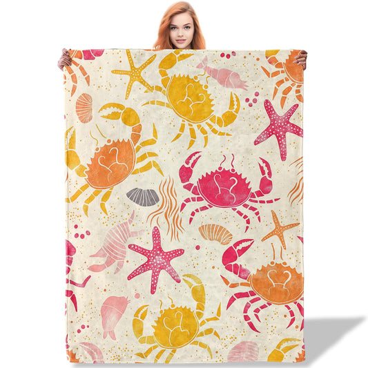 Plistiz Marine Life Throw Blanket 50x60 Inch, Ocean-Themed Blankets for Coastal Decor, Colorful Sea Creatures and Starfish, Flannel Polyester, Charming Gift for Beach and Sea Lovers