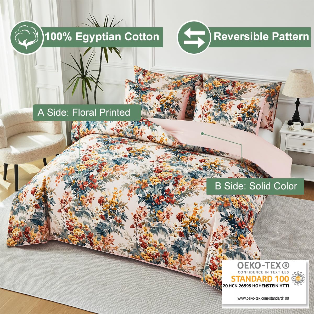 URBONUR Floral Duvet Cover Set Twin Size 3 Pieces 100% Cotton Silky Sateen Wildflowers Comforter Cover with 2 Pillowcases Soft & Breathable Bedding Sets