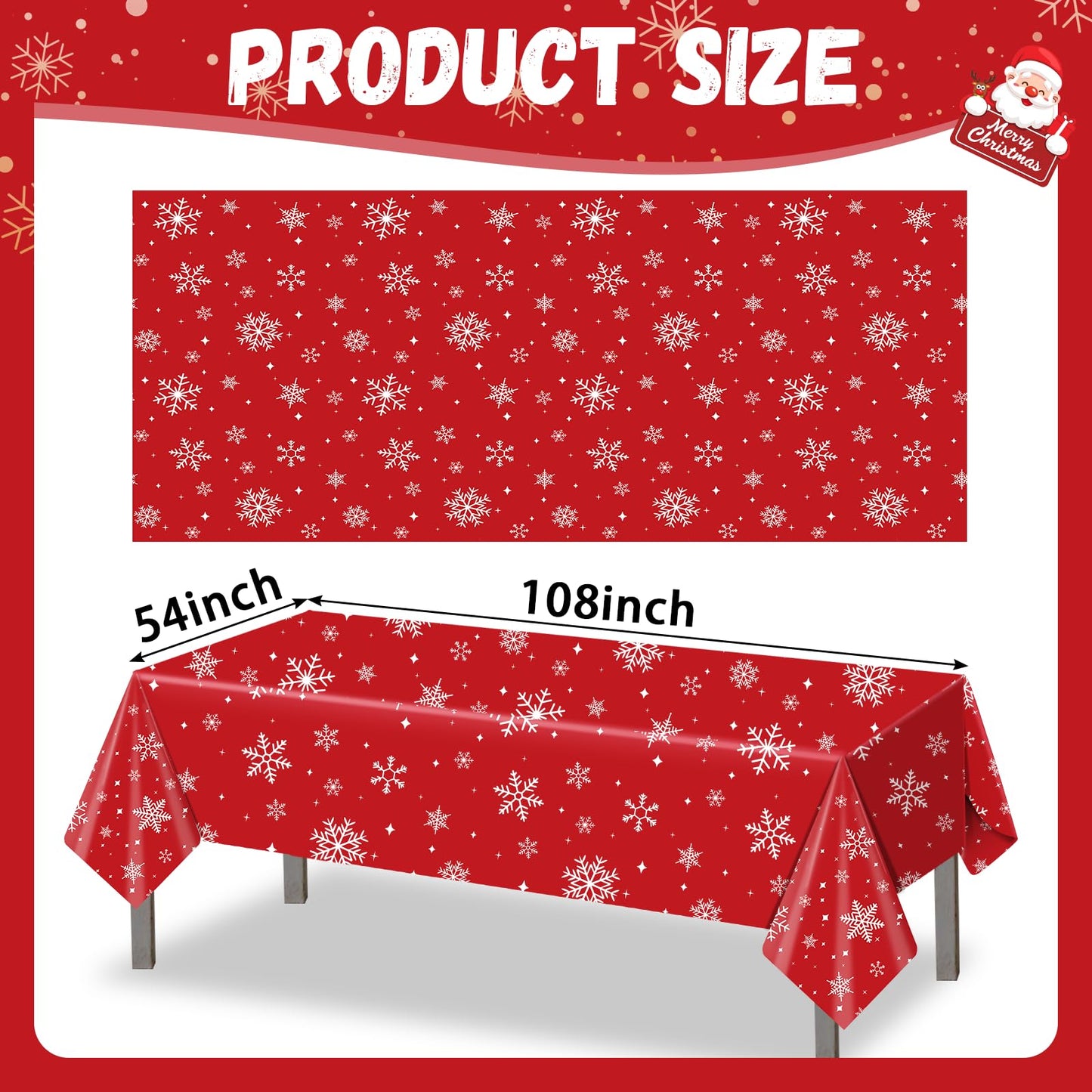 3Pack Christmas Plastic Party Tablecloth for Rectangle Tables, Christmas Disposable Table Cloth Decoration, Red Snowflake Xmas Tablecloths for Winter New Year Holiday Supplies,54x108in