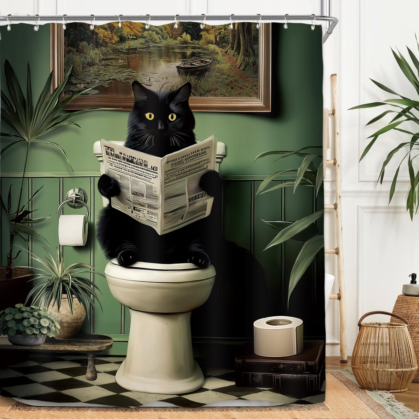 Miyotaa Black Cat Shower Curtain Set 60Wx71H Inches Funny Retro Reading Newspaper Green Plant Pet Vintage Botanical Waterproof Bathroom Curtain with 12 Hooks