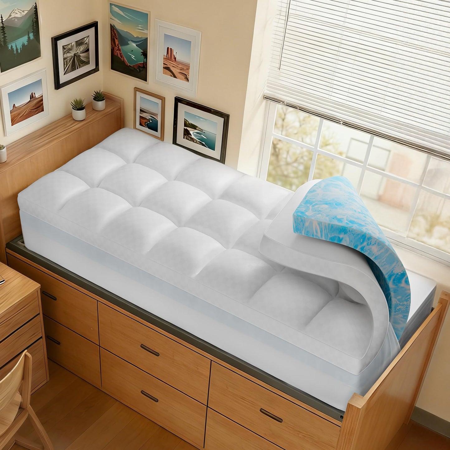 Vine Voice Dual Layer 4 Inch Memory Foam Mattress Topper Twin XL for College Dorm, 2 Inch Cooling Gel Memory Foam and 2 Inch Down Alternative Pillow Top Mattress Pad Cover 8-24 Inch Deep Pocket