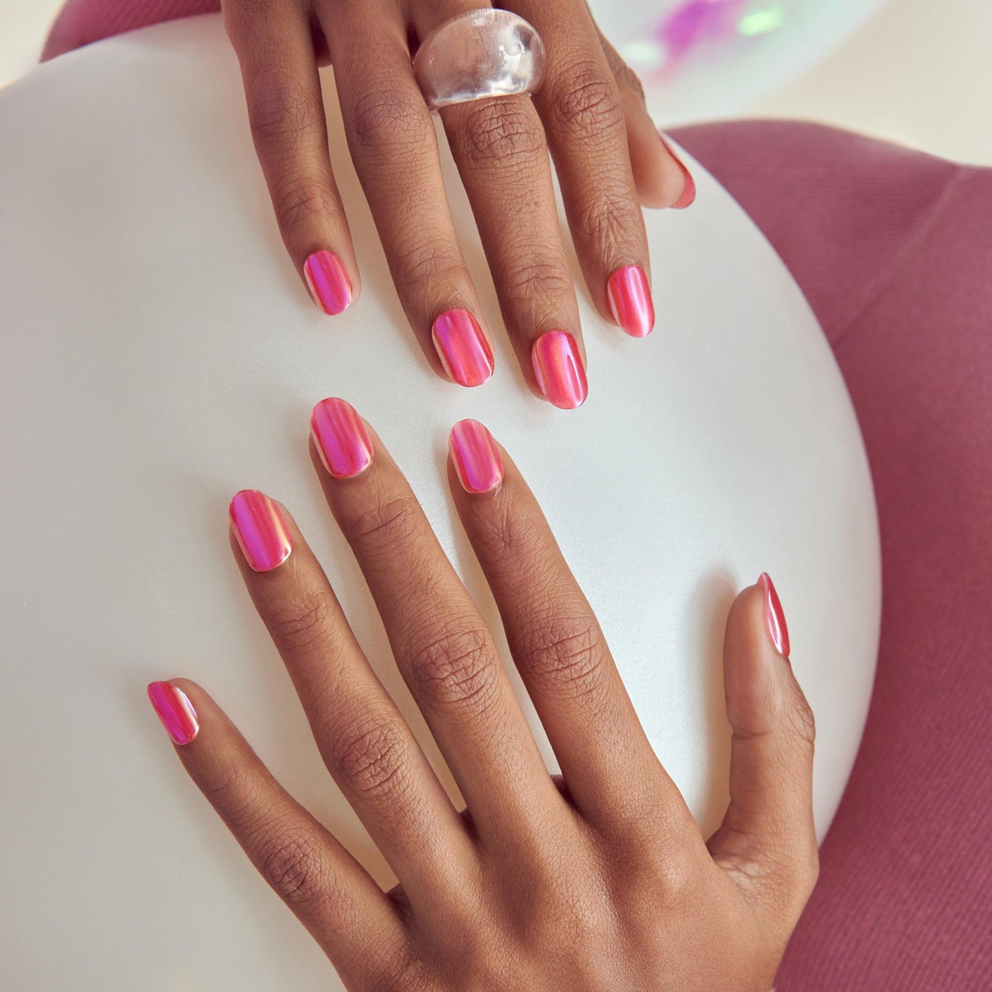 Kiss colorFX by Impress Press On Nails, Floating, 30 No Glue Peel and Stick Nails Kit with IMPROVED Adhesive, Pink Short Oval Pearlescent Effect, Includes Prep Pad, Manicure Stick & Mini File