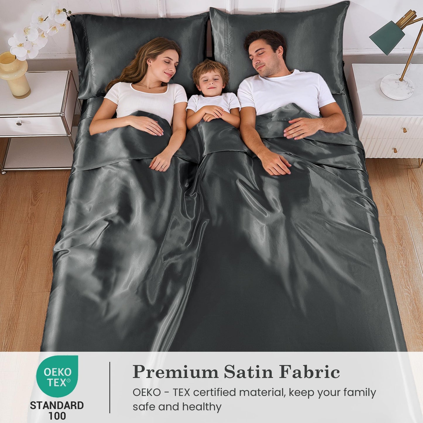 lasoftan Silk Satin Queen Sheets Set, Silky Fitted Bed Sheets with 15" Deep Pocket and Non-Slip Corner Straps, Luxury Hotel Satin Sheets Queen Size, Grey Summer Cooling Sheets & Pillowcase Set