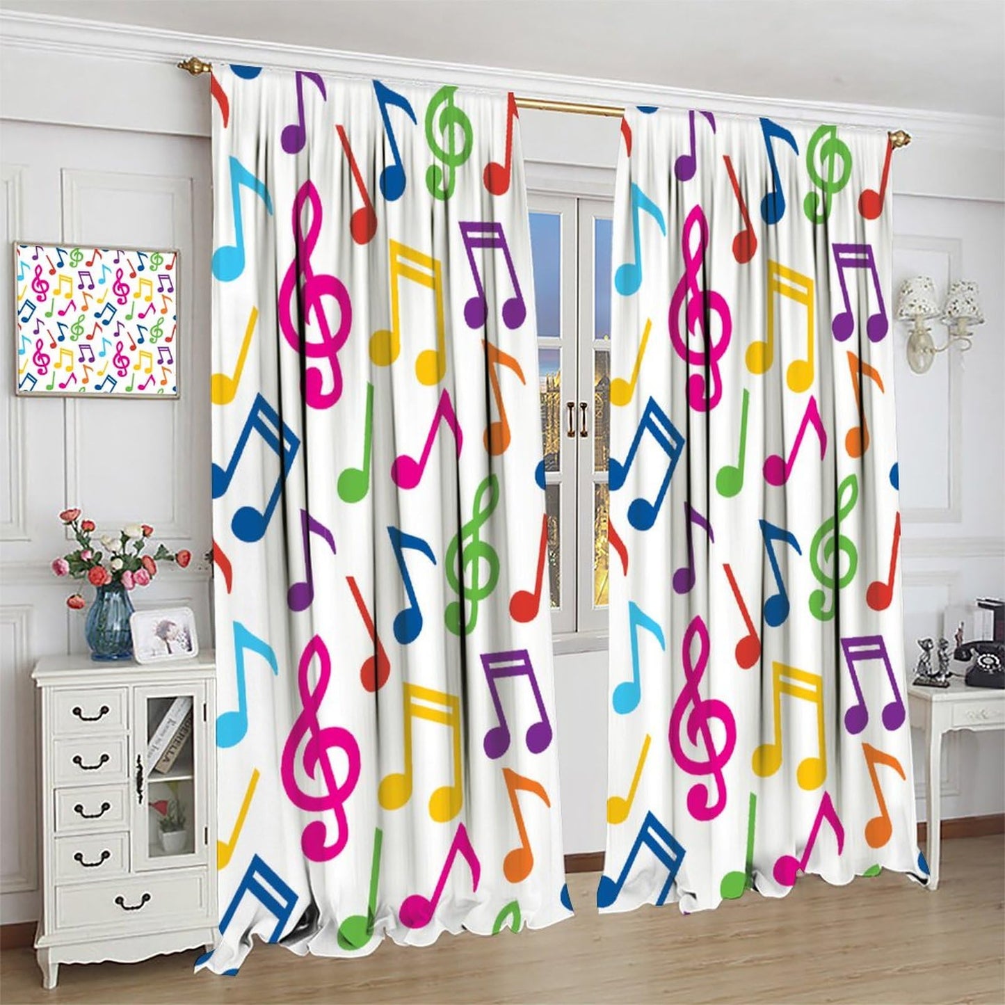 DDCBNS Music Equalizer Note Pattern Polyester Fabric Window Treatments, 2 Panel Set, Total Size 42" x 45", White, Rod Pocket, Unlined, 70% Opacity, Bedroom, Living Room, Music Room, Study
