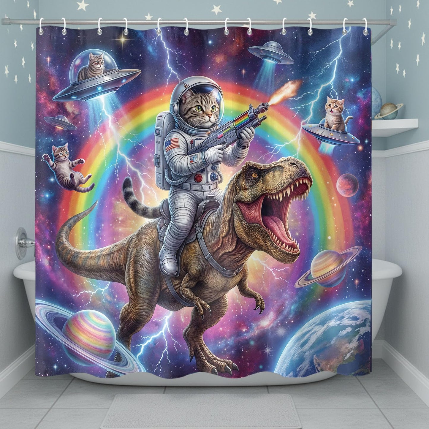 Lifeel Funny Cat Dinosaur Shower Curtain, Rainbow Laser Space Galaxy UFO Lightning Cool Meme Bath Curtain Set with Hooks Waterproof and Washable, 72 x 72 Inches