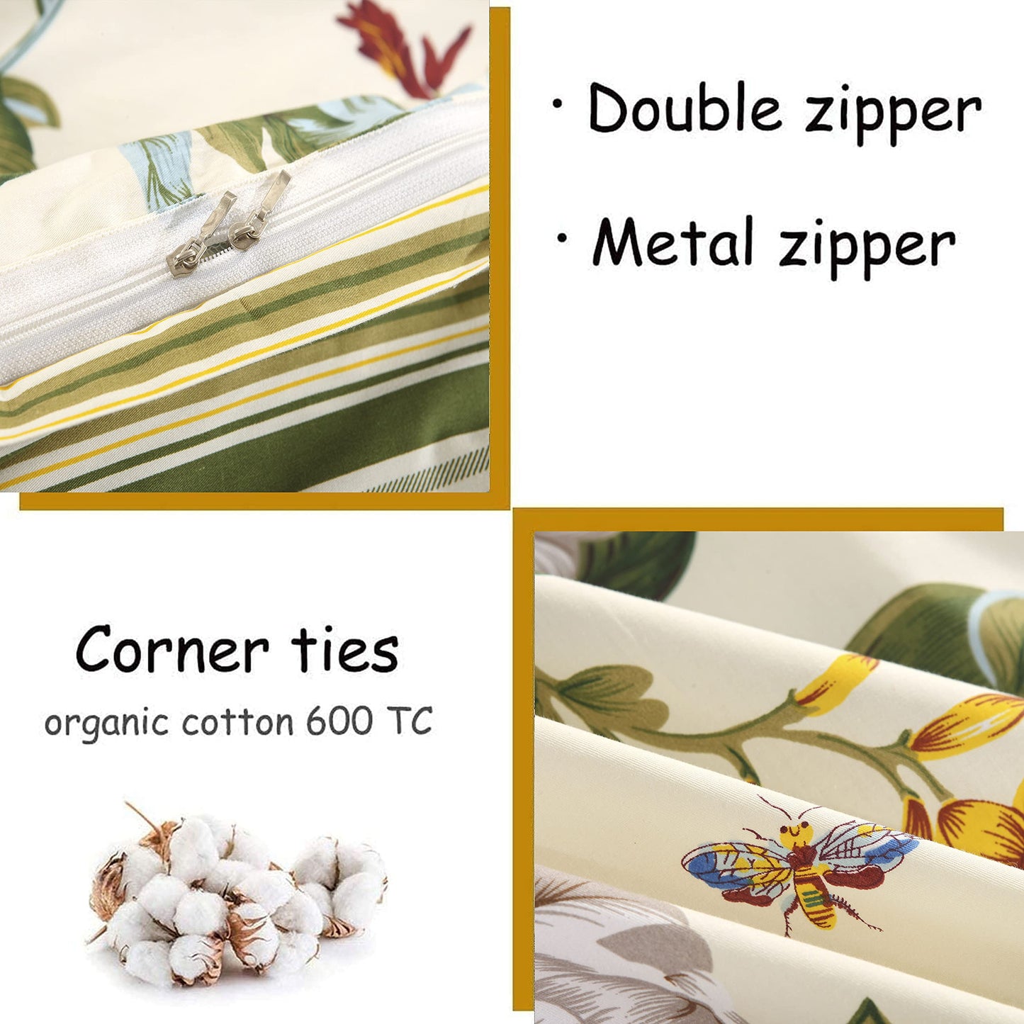 FADFAY Floral Duvet Cover Set 100% Cotton Green and Beige Striped Shabby Flower Bedding Branches Summer Bedding Reversible 600 TC Soft Zipper Comforter Cover & 2 Pillowcases，Full