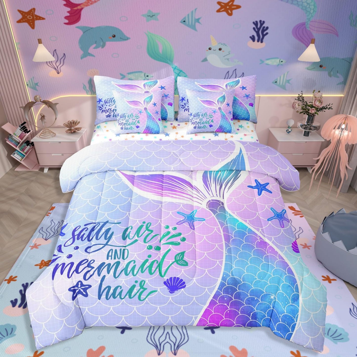 Mermaid Tail Queen Comforter Set with Sheets | Kids Fish Scales 7 Piece Bedding Set Girly Shell Starfish Ocean Life Sea Animal Bed in a Bag, Pastel Teal Purple Blue Kawaii Princess Room Decor