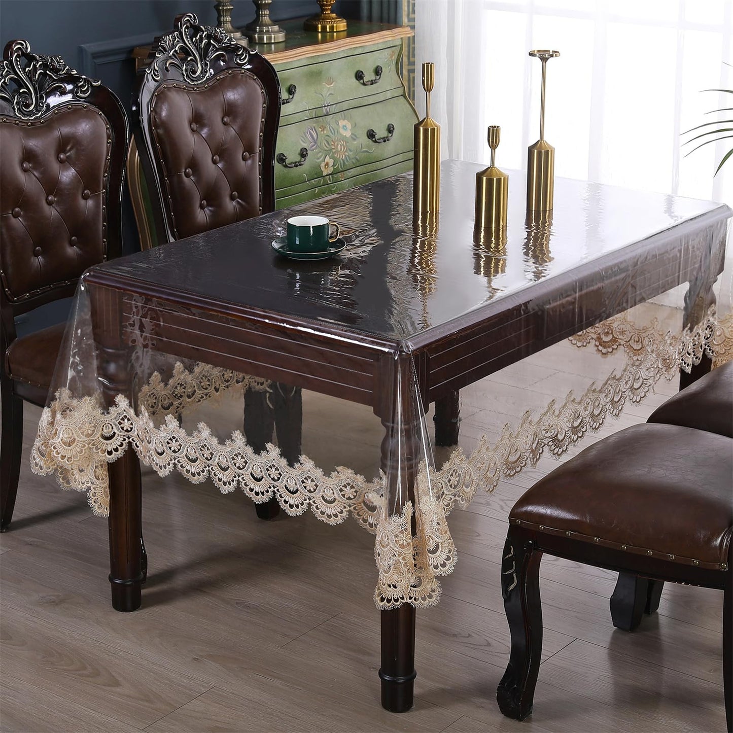 Rakila Clear Plastic Rectangle Tablecloth Vinyl Waterproof Table Cloth Embroidered Lace Edge Transparent Table Cover for Dining Kitchen Outdoor(60 x 86 inch, Coffee Style 3)