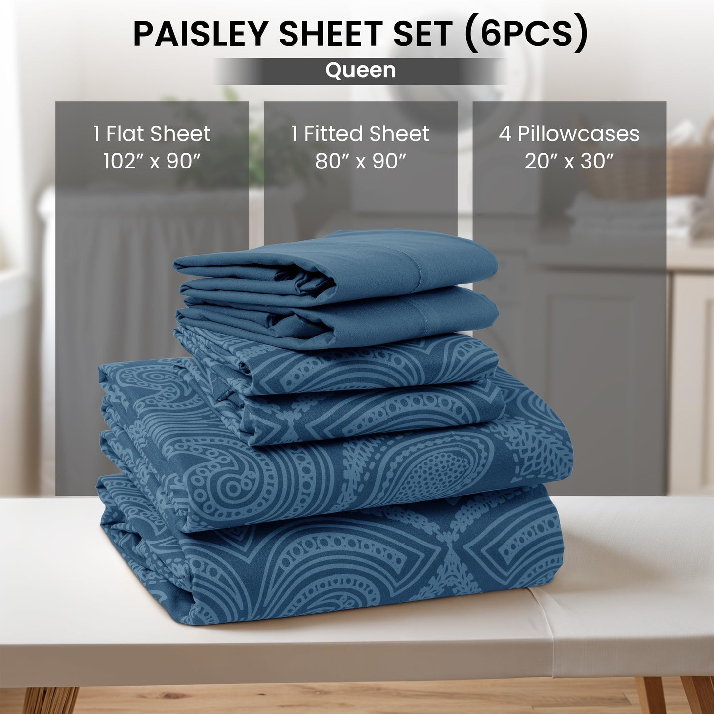 Ultra Soft Wrinkle-Free Microfiber Paisley Queen Sheet Set, Cute Floral Pattern Boho Print – 16" Deep Pocket Fitted Sheet, Flat Sheet & 4 Pillowcases, Breathable, OEKO-TEX - Navy Blue