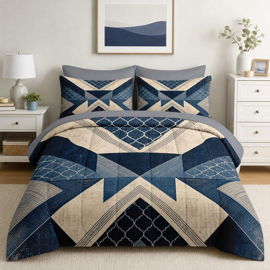 Boewywh Comforter Set Twin Size Geometric Moroccan Blue 7 Pcs, Bedding for Kids and Adults, Vintage Navy Bed Sheet Sets with Fitted Sheet 2 Pillowcases & 2 Shams for Bedroom Bed Decor