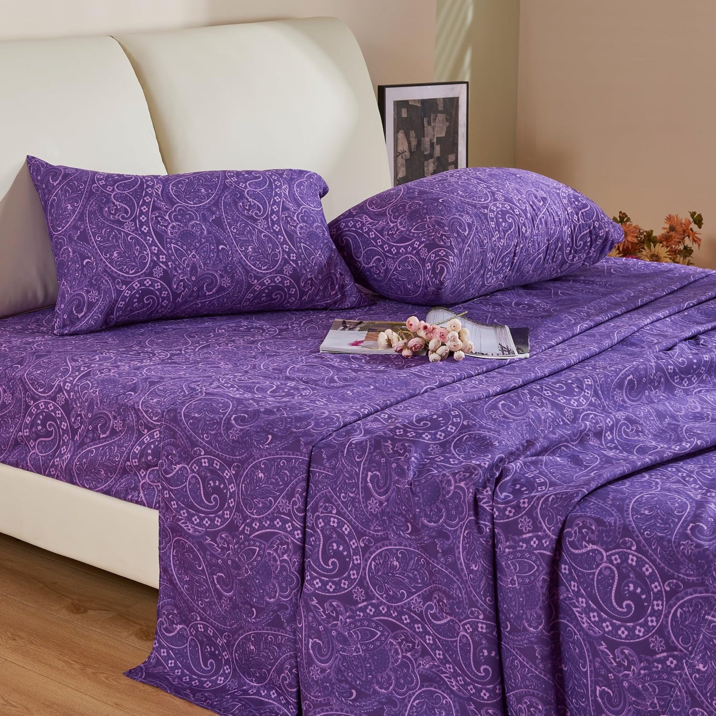 KACEMOO Cal King Sheet Set, California King Size Bed Sheets, Deep Pocket Purple Paisley Sheets Set, Soft Fitted Sheets Set Microfiber Breathable