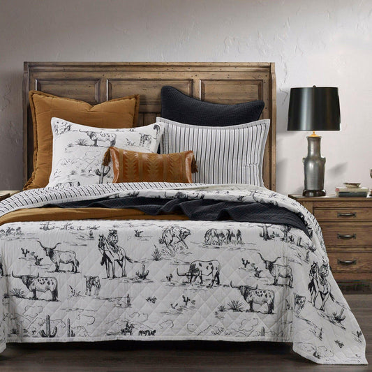 Paseo Road Ranch Life Full Queen Cotton Quilt Set, 3 Piece Western Bedding Set with Pillow Shams, Black White Reversible Quilt with Cowboy Longhorn Horse Cow Print, Soft Cozy Rustic Farmhouse Bedding